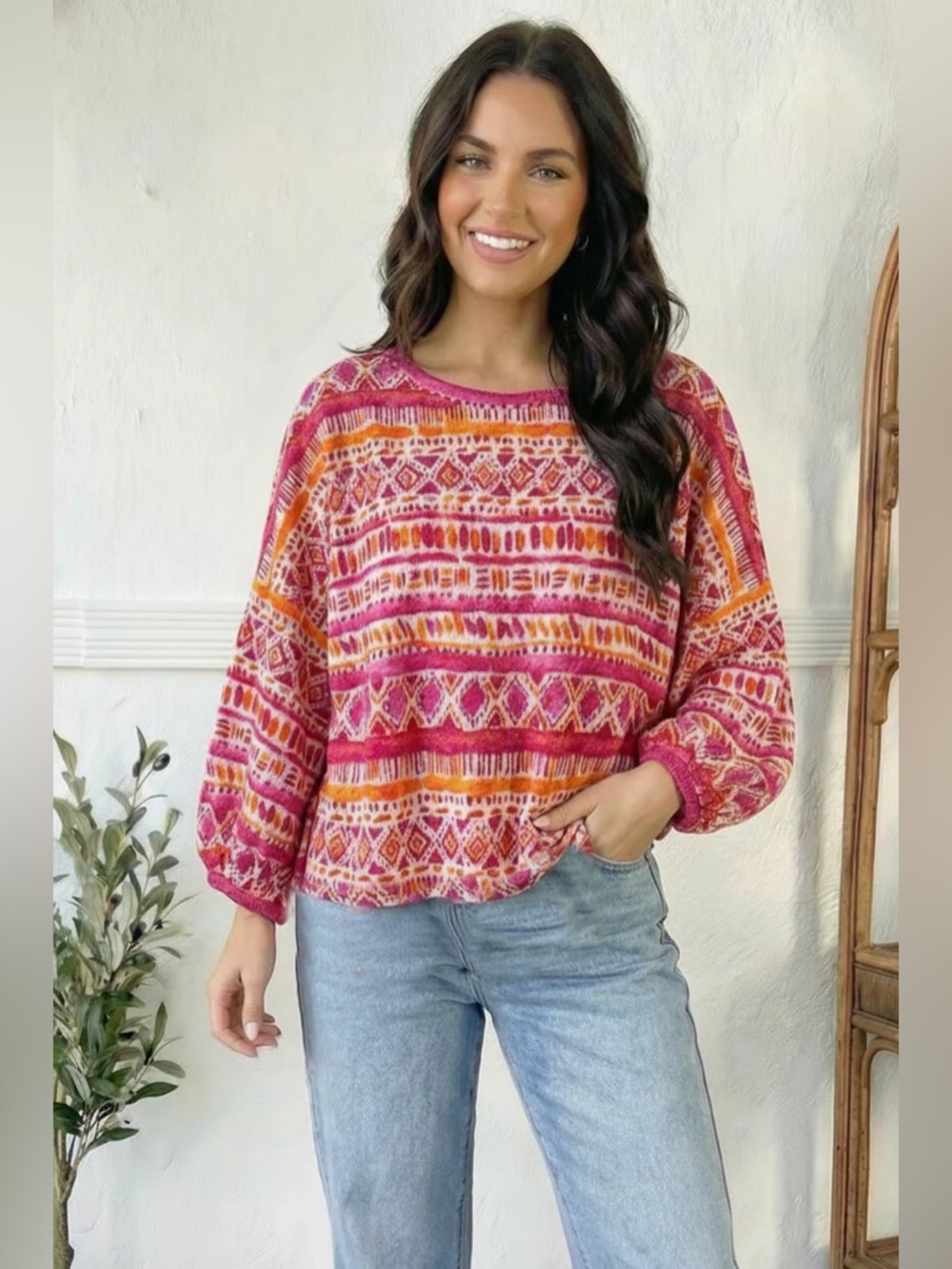 024 And The Why Fuchsia & Orange Tribal Print Bracelet Sleeve Blouse